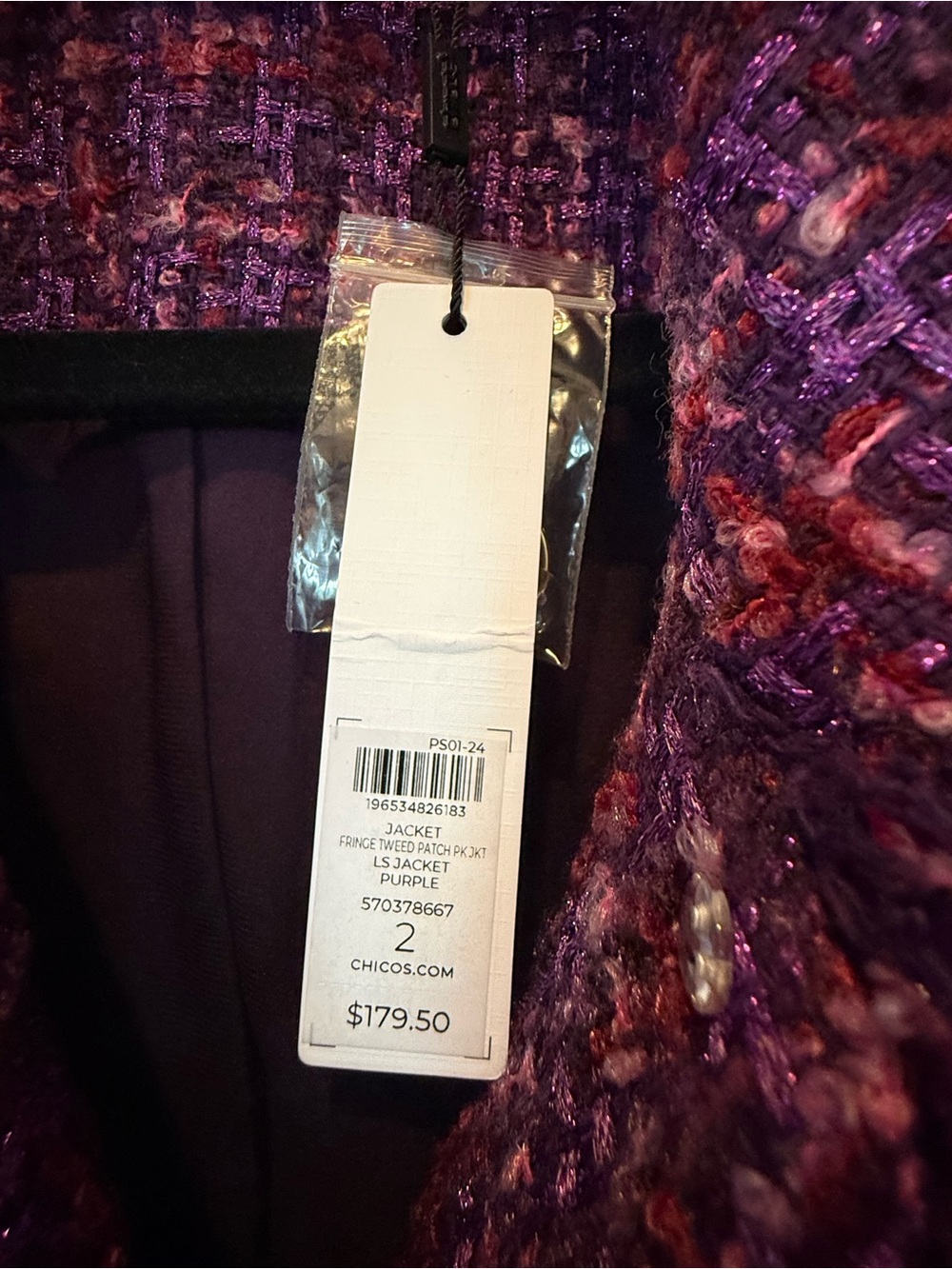 Chico's Purple Metallic Tweed Fringe Jacket with Gold Buttons - New with tags - Picture 3 of 4